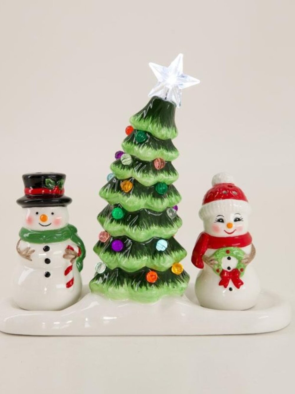 Snowman Salt Pepper Shakers Christmas Light Up Tree Holder Ceramic Holiday Set